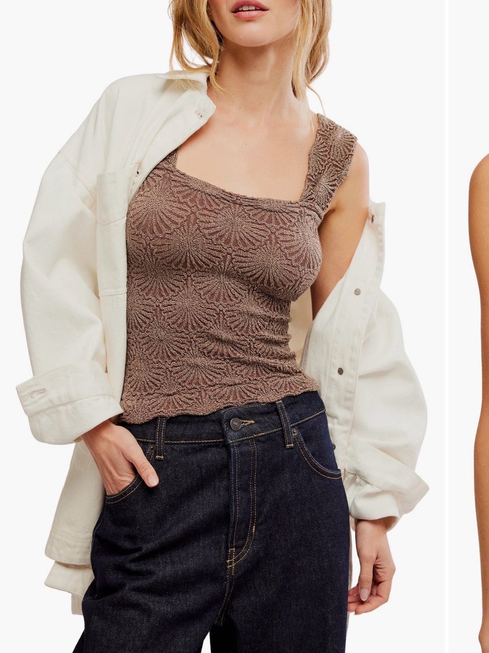 Free People Love Letter Floral Knit Camisole in a textured cocoa-colored fabric.